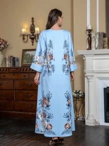 High-Density Rhinestone & Beaded Middle East Style Elegant Round Neck Flare Sleeve Robe - Baby Blue - View 2