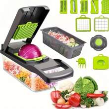 16 Pieces/1 Set Multifunctional Vegetable Cutter, Fruit Slicer, Handheld Food Grinder, Onion Grinder, Potato Shredder With Container, Space-Saving Kitchen Gadgets For Easy Meal Preparation, Kitchen Accessories, Cocina