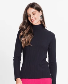 Rovitex Black Ribbed Long Sleeve Blouse - 黑色 - 查看 2