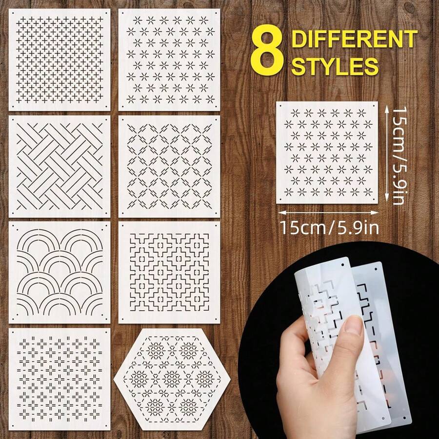 8 Pcs Plastic Sashiko Stencil Kit Geometric Sashiko Pattern Template