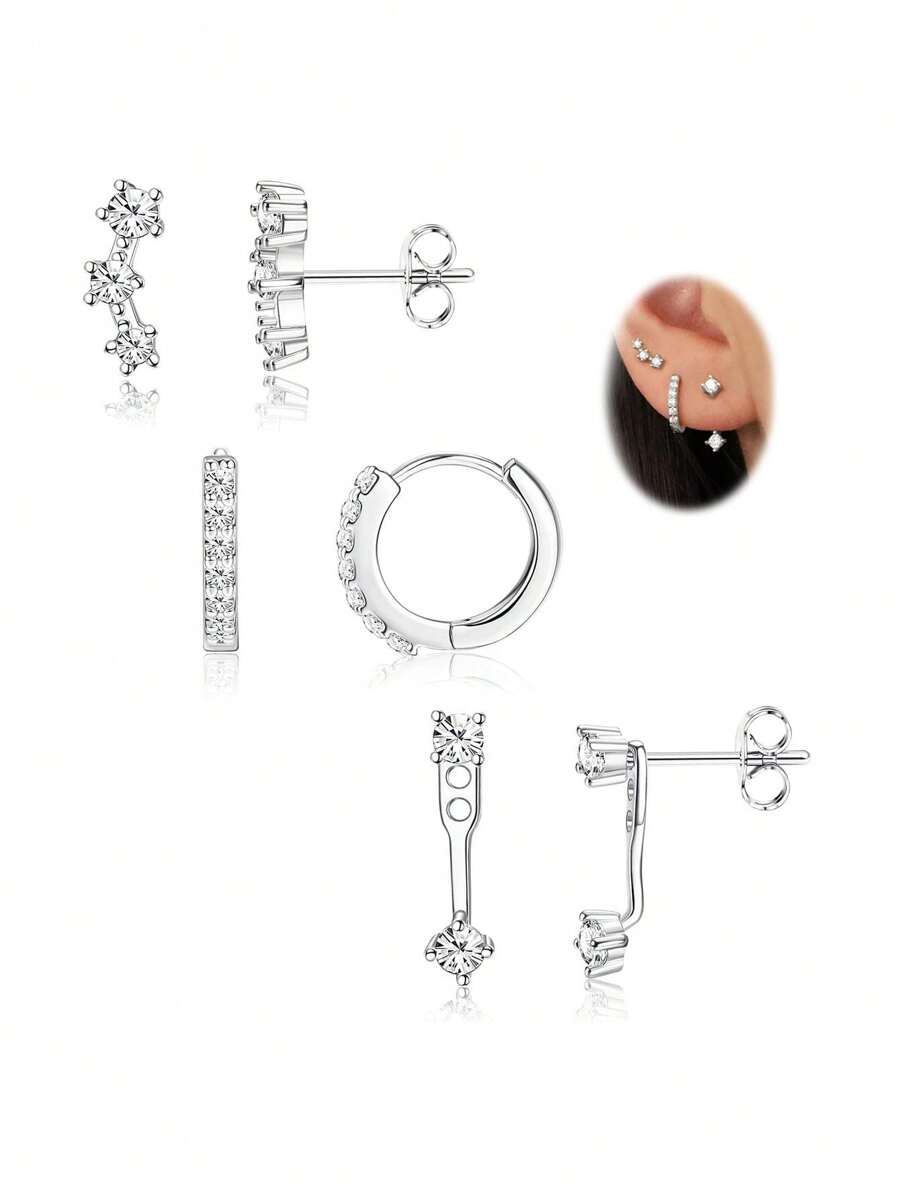 TUANZISP 3 Pairs Delicate & Fashionable Multi-Way Copper Earring Set Gold Color, Stud Hoop Drop Earrings Jewelry Gift For Women - Silver - View 1