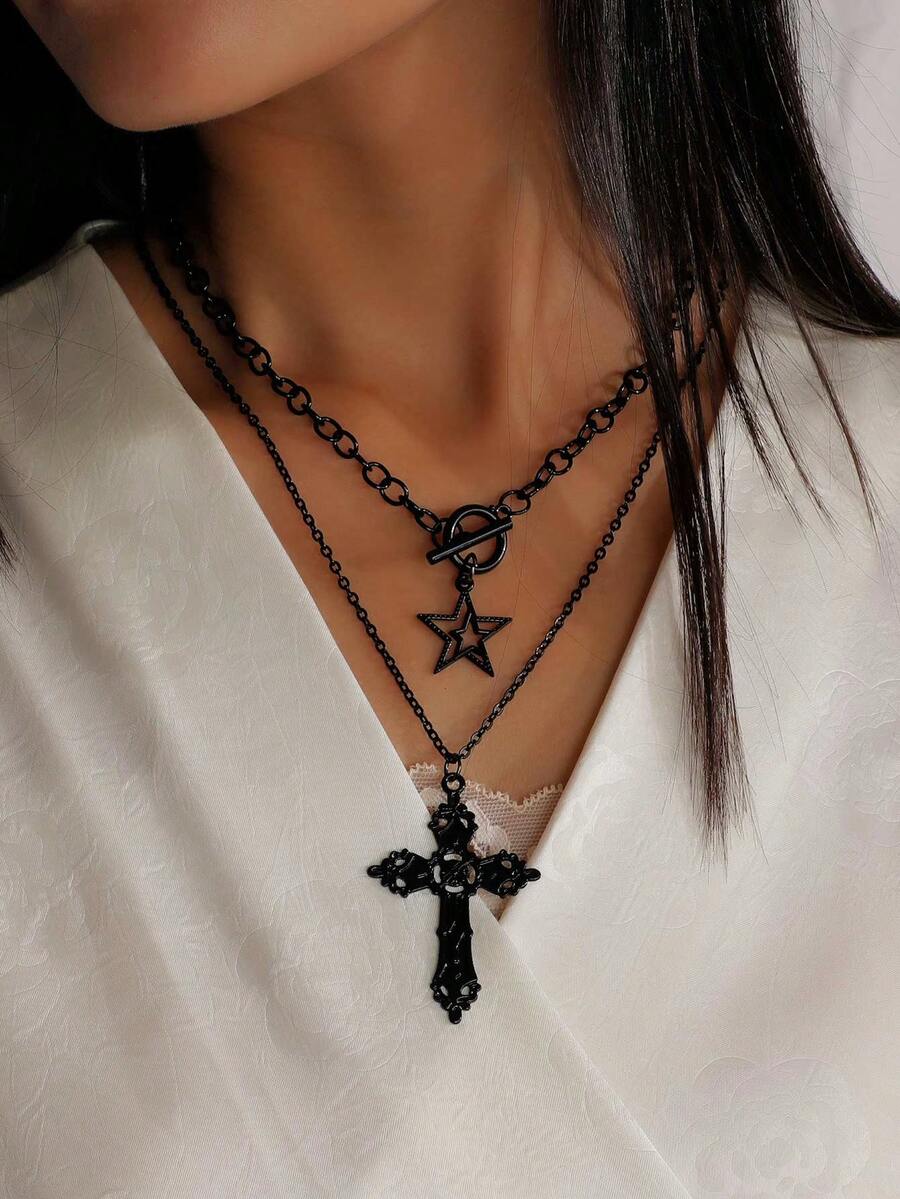 2 chiếc vòng cổ hình ngôi sao Gothic màu đen, trang sức nữ phong cách Y2K - màu đen - Xem 1