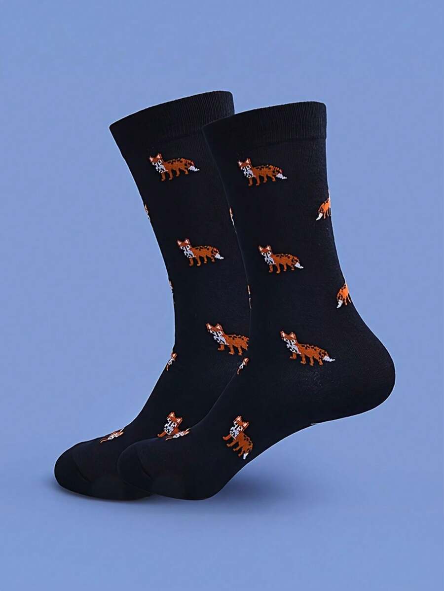 1 双狐狸印花袜子舒适透气动物中筒袜男女通用袜子，秋季 - 彩色 - 查看 1