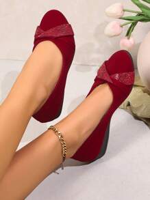 Women's Crystal Decor Thin Wedge Heel Thick Sole Flats Elegant Round Toe Formal Wedge Heel Pumps Fashion Open Toe Wedge Heel Slip-On Shoes