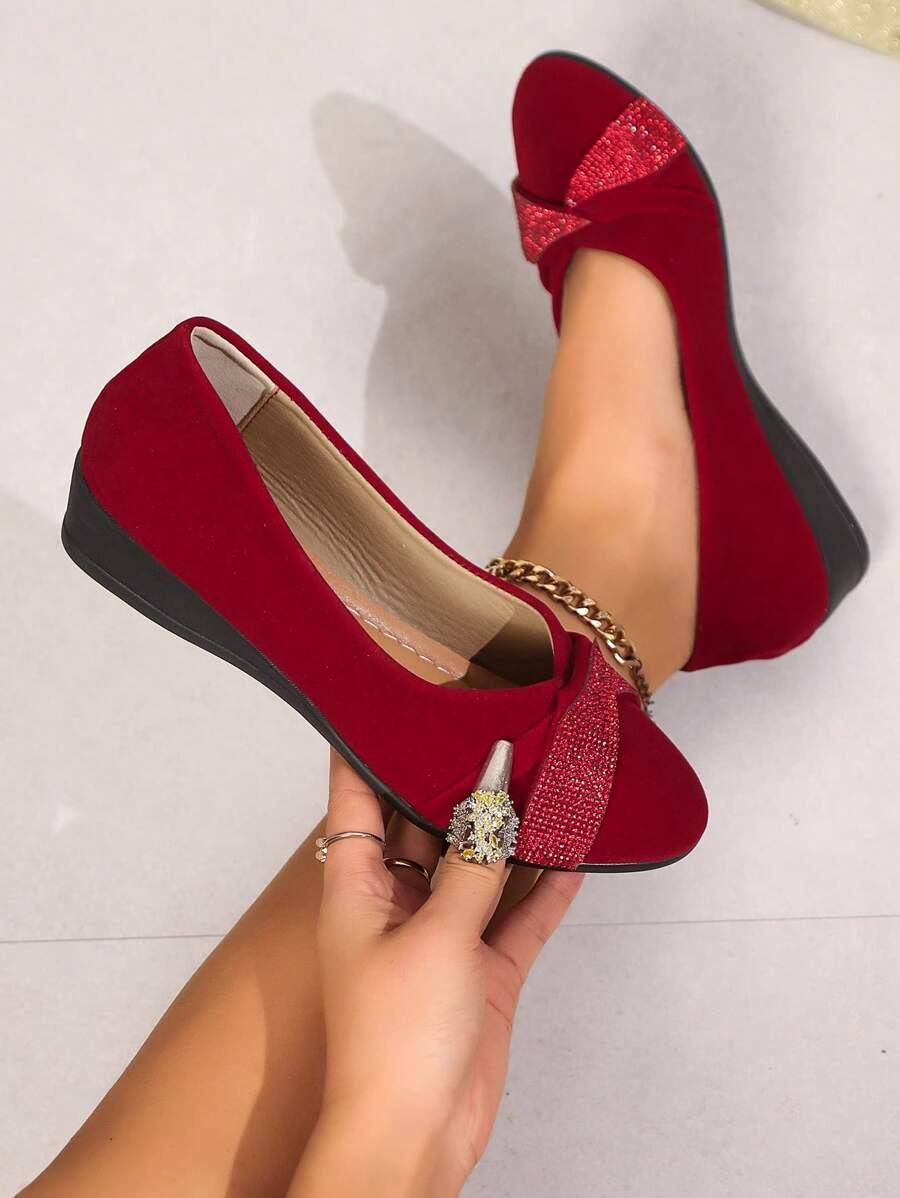 Women's Crystal Decor Thin Wedge Heel Thick Sole Flats Elegant Round Toe Formal Wedge Heel Pumps Fashion Open Toe Wedge Heel Slip-On Shoes