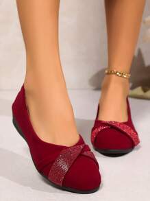 Women's Crystal Decor Thin Wedge Heel Thick Sole Flats Elegant Round Toe Formal Wedge Heel Pumps Fashion Open Toe Wedge Heel Slip-On Shoes