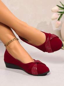 Women's Crystal Decor Thin Wedge Heel Thick Sole Flats Elegant Round Toe Formal Wedge Heel Pumps Fashion Open Toe Wedge Heel Slip-On Shoes