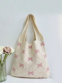 女士简约大容量蝴蝶结装饰针织购物袋，休闲手提包和旅行手提包，可爱蝴蝶结女士手提包 - 杏色 - 查看 8