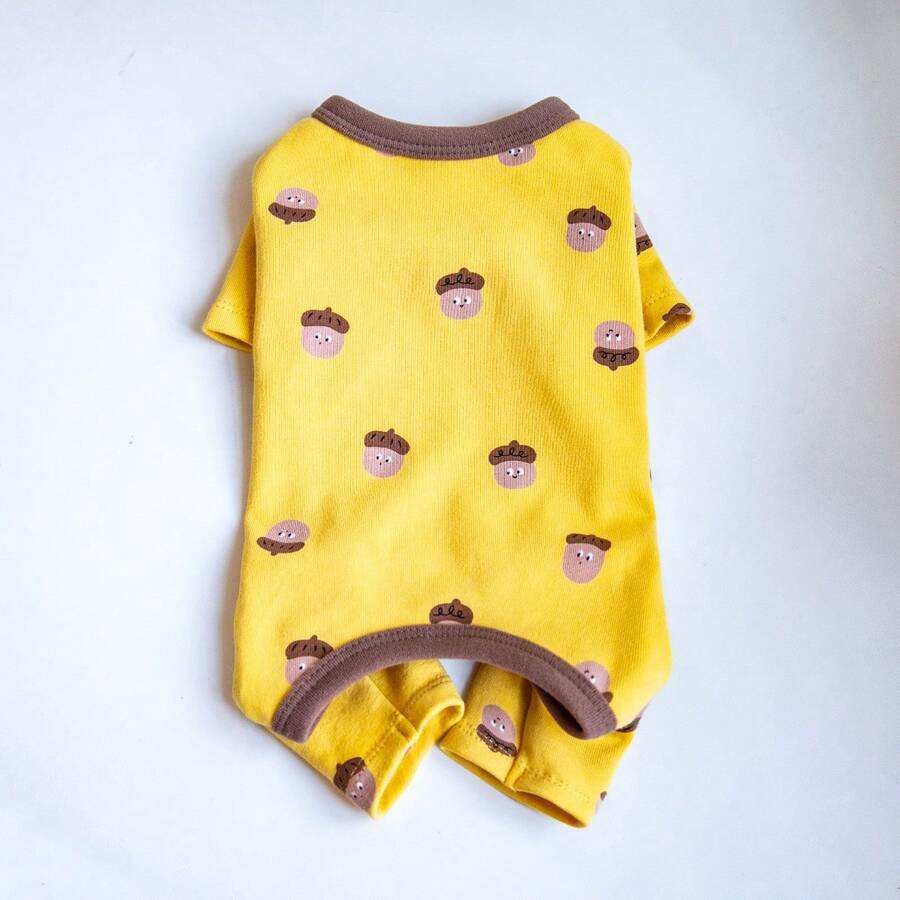 可爱宠物卡通印花圆领短袖睡衣 - 黃色 - 查看 1