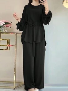 ZANZEA Women Long Sleeve Drawstring Waist Asymmetric Hem Shirt Tops Wide-Leg Long Pants Trousers 2pcs Sets Outfits - Black - View 2