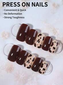 24pcs Square French Brown Leopard Print Nail Stickers Set, Perfect For Acrylic Nails, Enhancing Fashion Sense. The Set Includes 1pc Jelly Gel And 1pc Nail File, Suitable For Women And Girls For Daily Wear Or Parties. - Multicolor - View 2