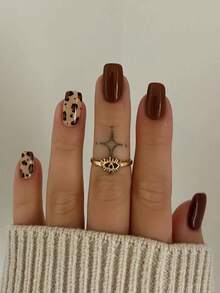 24pcs Square French Brown Leopard Print Nail Stickers Set, Perfect For Acrylic Nails, Enhancing Fashion Sense. The Set Includes 1pc Jelly Gel And 1pc Nail File, Suitable For Women And Girls For Daily Wear Or Parties. - Multicolor - View 1