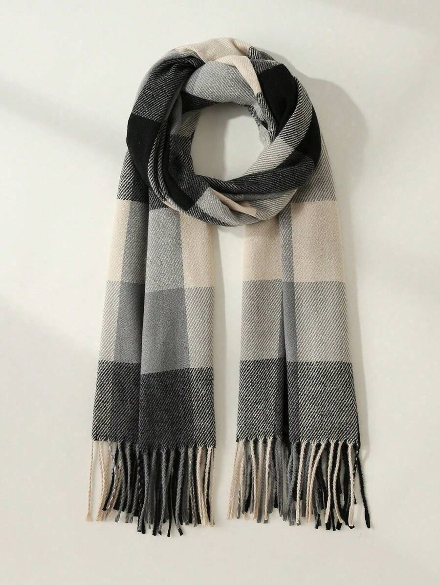 1 chiếc khăn choàng kẻ caro có tua rua, dày ấm áp để sử dụng hàng ngày vào mùa đông thu - Xám đậm - Xem 1