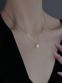 1pc S925 Sterling Silver Simple Elegant Pearl Necklace For Women, Delicate, Chic, Small Collarbones Chain, Great Gift