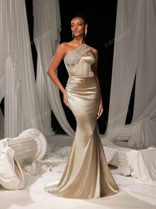 Faeriesty Elegant Asymmetrical Neck Ruched Mermaid Evening Gown With Pearl Decor – Perfect For Weddings, Galas, Red Carpet Events, Anniversary Celebrations, Formal Dinners Party Dress Wedding Guest Dress Evening Dress