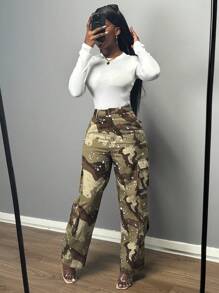 Women Camouflage Cargo Pants With Front Buttons, Casual Everyday Wear - xanh quân đội - Xem 6