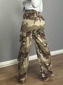 Women Camouflage Cargo Pants With Front Buttons, Casual Everyday Wear - xanh quân đội - Xem 5