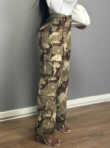Women Camouflage Cargo Pants With Front Buttons, Casual Everyday Wear - xanh quân đội - Xem 3