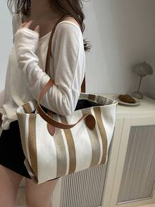 休闲条纹格子手提包，容量大，可折叠，适合度假、节日、购物、休闲外出 - 棕色 - 查看 7