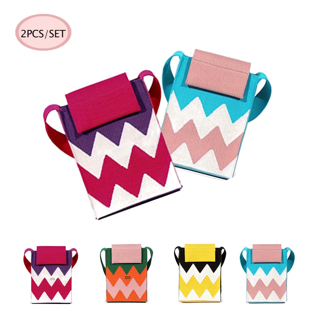2Pcs/SET Women's Geometric Pattern Hook Needle Woven Mobile Phone Bag, Fashion Multi -Function Cross -Body Bag, Must Be Necessary For Portable Travel, Suitable For Placing Mobile Phones Or Other Small Items. - 紫紅+藍色 - 查看 1