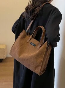 秋冬休闲灯芯绒手提包棕色黑色卡其色大容量手提包时尚女士单肩包 - 彩色 - 查看 4