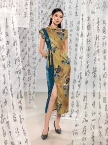 Cap Sleeves Contrast Color Floral Designs Split Thigh New Chinese Style Cheongsam Qipao Dress - Khaki - View 2