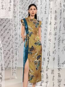 Cap Sleeves Contrast Color Floral Designs Split Thigh New Chinese Style Cheongsam Qipao Dress - Khaki - View 5