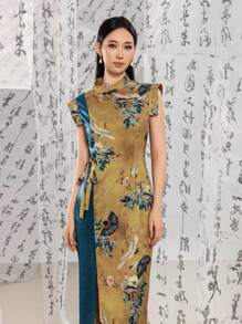 Cap Sleeves Contrast Color Floral Designs Split Thigh New Chinese Style Cheongsam Qipao Dress - Khaki - View 7
