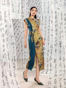 Cap Sleeves Contrast Color Floral Designs Split Thigh New Chinese Style Cheongsam Qipao Dress - Khaki - View 6
