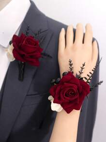 黑玫瑰胸花男士婚礼腕花人造花，2 件套，新郎和伴郎胸花，女孩/母亲舞会胸花腕花装饰，适用于婚礼返校节万圣节仪式周年纪念、晚宴、舞会鲜花和秋季复古婚礼