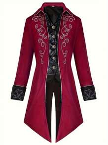Nuevo abrigo de cola de golondrina medieval retro punk con bordado largo para hombres, para Halloween - Burdeos - Ver 1