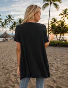 Short Sleeve Cardigans For Women Casual Drape Open Front Lightweight Summer Cardigan With Pocket High Low Hem - màu đen - Xem 2