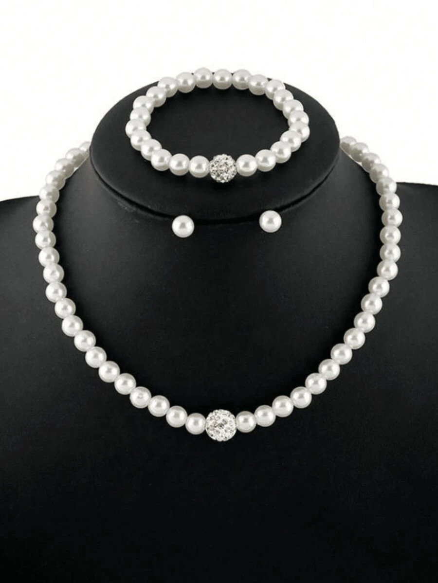 4 件套人造珍珠串珠项链、手链和耳环，优雅的珍珠首饰套装，适合女孩的优雅节日派对礼物 - 白色 - 查看 1