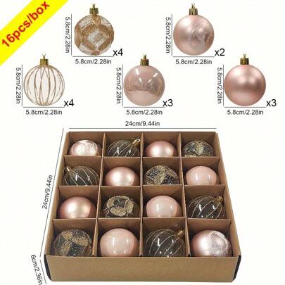16pcs/Set 6cm Multi-Pattern Christmas Ornament Balls, Paper Box, Hanging Decorations For Christmas, Gold, Red, Champagne