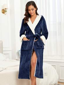 1 件女士简约纯色加厚法兰绒保暖连帽浴袍，适合家居使用，秋冬季 - 寶藍色 - 查看 5