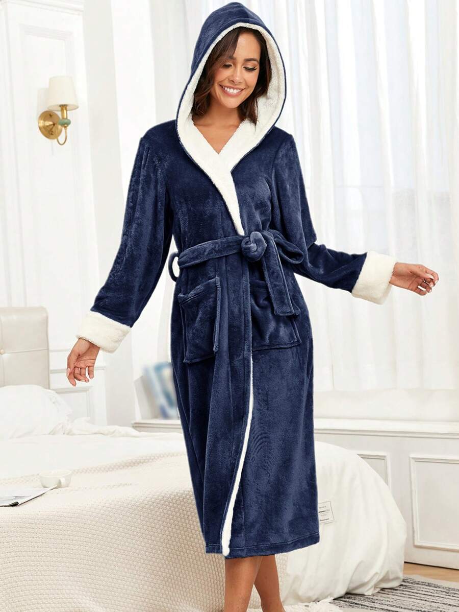 1 件女士简约纯色加厚法兰绒保暖连帽浴袍，适合家居使用，秋冬季 - 寶藍色 - 查看 1