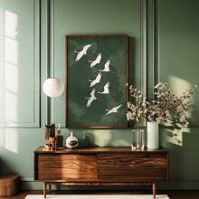1 pieza Impresión artística de grullas voladoras verdes sin marco en estilo japonés y vintage, cartel retro en lienzo para decoración de hogar, regalo ideal para dormitorio, apartamento, sala de estar, dormitorio