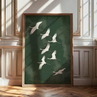 1 幅带框/无框绿色飞鹤鸟艺术复古海报日本风格复古绘画帆布印刷墙画，是宿舍、公寓、客厅、卧室、现代家居装饰的理想礼物
