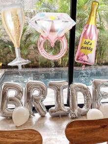 1 Bộ 8 quả bóng bay lá bạc BRIDE, nhẫn sâm panh và bóng bay chữ (bao gồm cuộn ruy băng), Bộ bóng bay trang trí tiệc, Đám cưới, bóng bay chữ 16" - Bóng nhẫn bạc + sâm panh - Xem 6