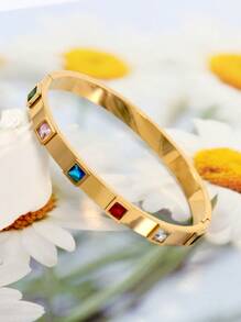 Bracelet rigide élégant plaqué or 18 carats en acier inoxydable avec cubic zirconia colorés, bijou pour femmes, style européen et américain, convient pour les occasions décontractées, les fêtes, les vacances, mariage, cadeau