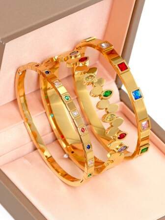 Fashionable Stack 18K Gold Plated Stainless Steel Colorful Zirconia Bangle Bracelet, European & American Style Casual Party Holiday Women Jewelry Wedding Gift