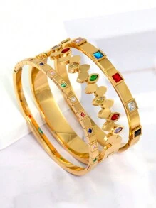 Bracelet rigide élégant plaqué or 18 carats en acier inoxydable avec cubic zirconia colorés, bijou pour femmes, style européen et américain, convient pour les occasions décontractées, les fêtes, les vacances, mariage, cadeau
