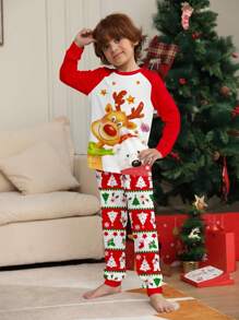 Young Boy Christmas New Round Neck Long Sleeve Teddy Bear & Deer Print Loungewear Set