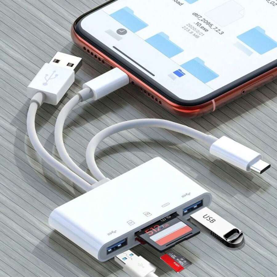 带充电端口的 5 合 1 USB OTG 适配器，兼容智能手机、SD/TF 读卡器、iPad、 - 白色 - 查看 1