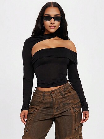 Women's One Shoulder Slim Asymmetrical Neck Cut Out Ruched Long Sleeve Party Club Crop Top