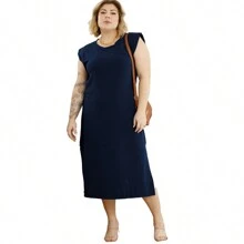 Long Oversized Casual Sleeveless Sweatshirt Dress With Side Slits And Details Plus Size 45224A - Màu xanh hải quân - Xem 4