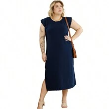 Long Oversized Casual Sleeveless Sweatshirt Dress With Side Slits And Details Plus Size 45224A - Màu xanh hải quân - Xem 3