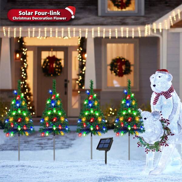 (1 Set Of 4 Solar Christmas Tree Lights) Holiday Decorations, Outdoor Courtyard, Garden, Lawn, Small Path Lights, Atmosphere Lights, Christmas Courtyard Decoration Lights