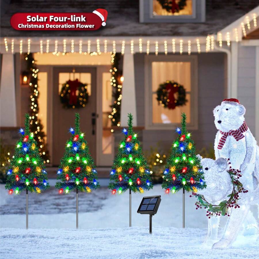 (1 Set Of 4 Solar Christmas Tree Lights) Holiday Decorations, Outdoor Courtyard, Garden, Lawn, Small Path Lights, Atmosphere Lights, Christmas Courtyard Decoration Lights