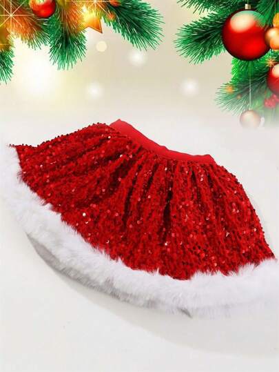 年轻女孩闪光毛绒亮片拼布芭蕾短裙蓬松裙，秋冬